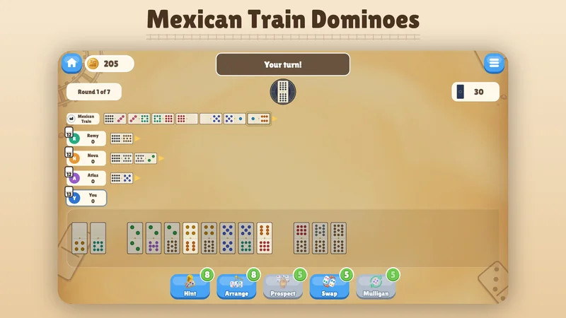 Mexican Train Dominoes mid-round, with each player's train branching from the double-12 engine